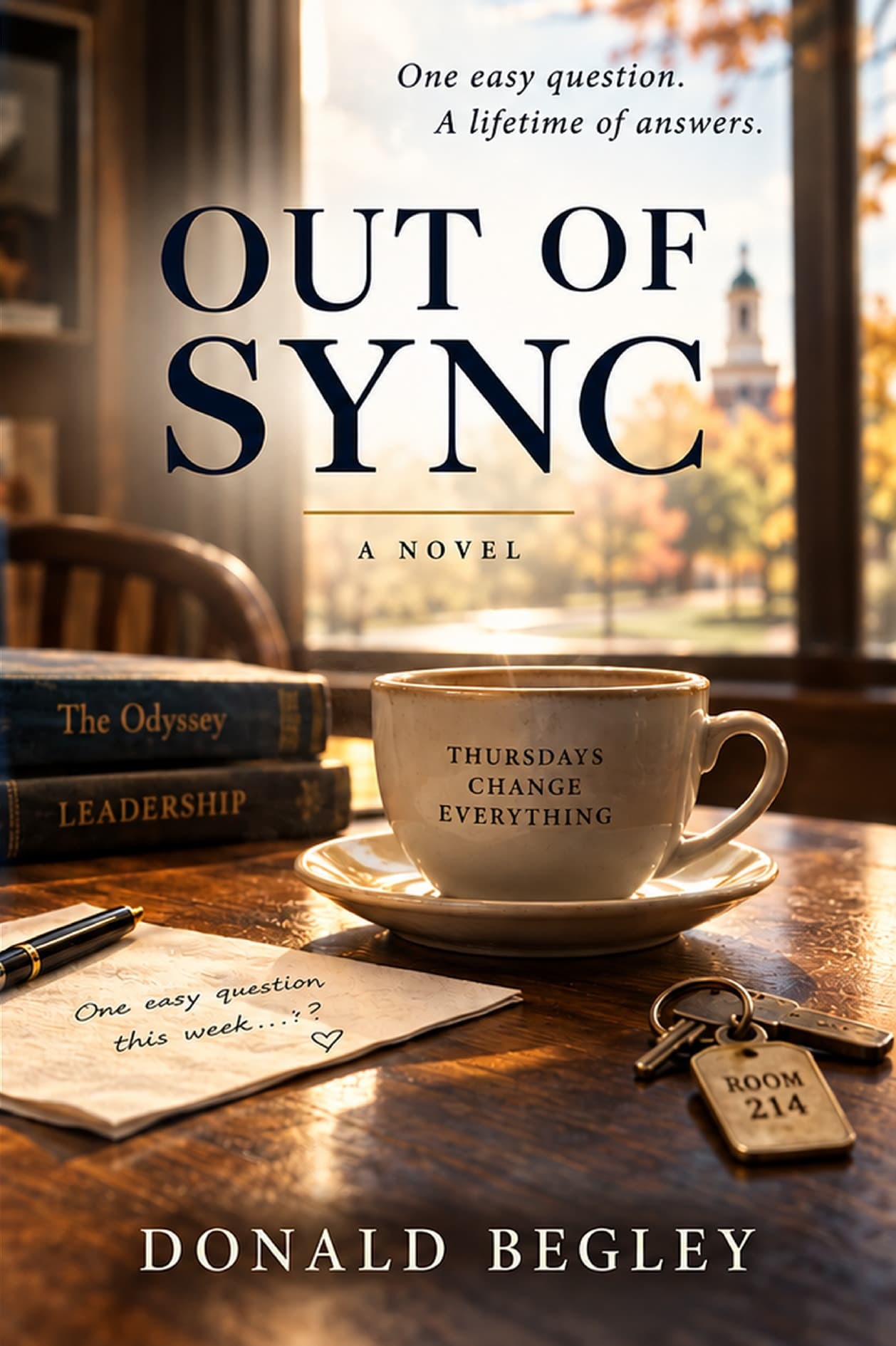 OUT OF SYNC by Donald Begley. A sunlit coffee table beside a window, with books and a key to Room 214.